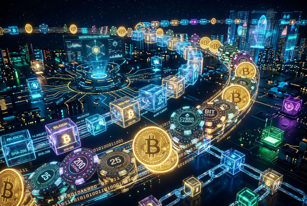 Futurystyczna wizualizacja technologii blockchain przeplatającej się z cyfrowymi żetonami kasynowymi i bitcoinami