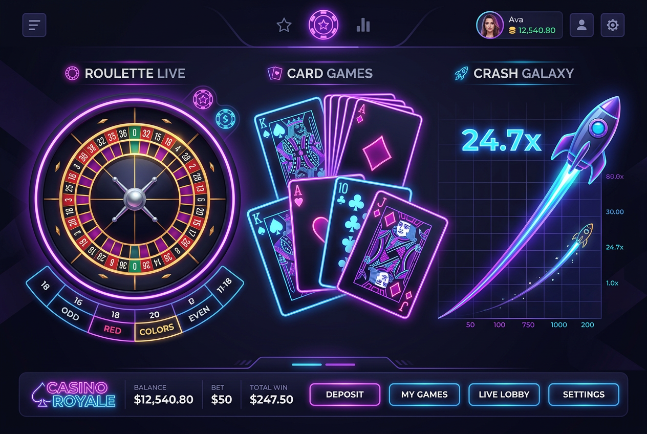 Selection of digital casino games including roulette, cards and slots on a high-tech interface background