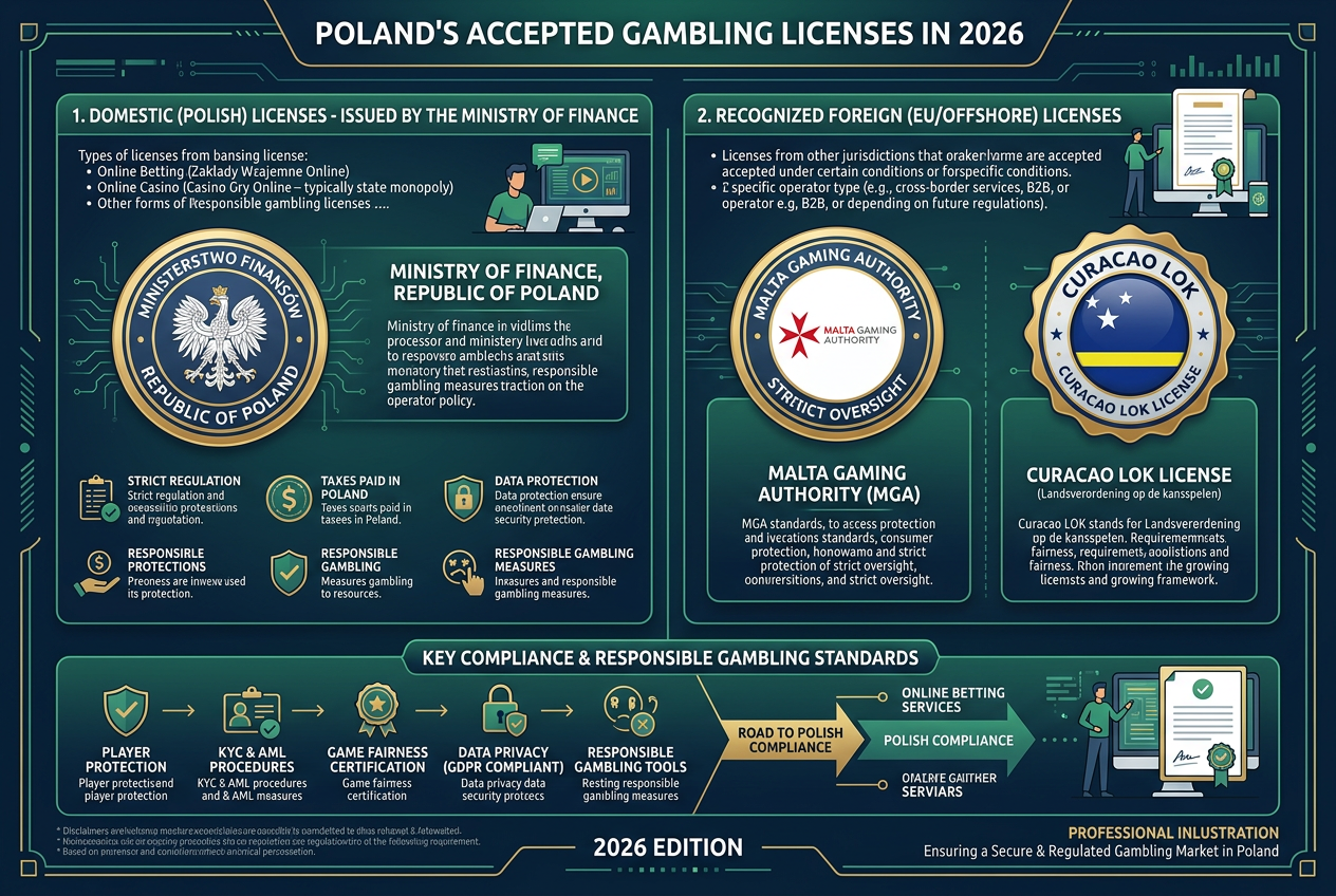 Infografika przedstawiająca strukturę prawną i licencje hazardowe w Polsce 2026
