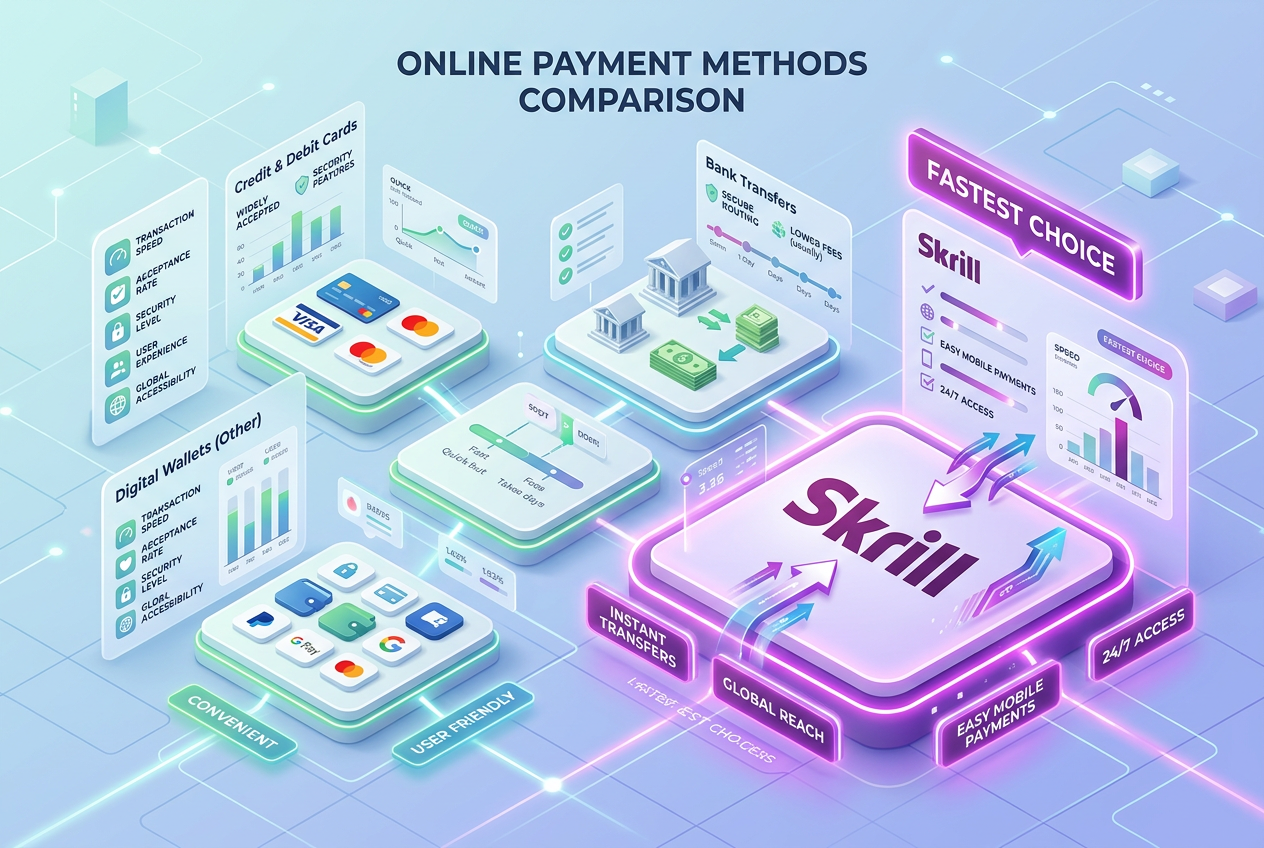 Infografika porównująca metody płatności z wyróżnionym systemem Skrill